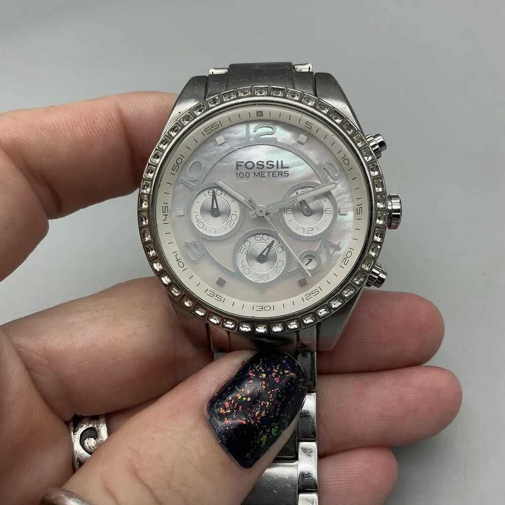 Fossil CH-2542 Womens Watch 40mm MOP Dial Stainless Chronograph New Battery